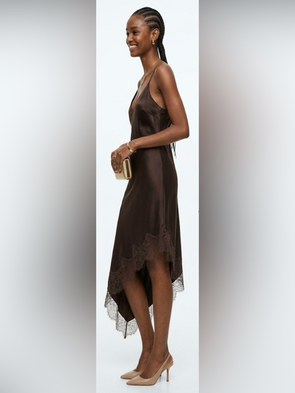 Zara Dark Brown Satin Slip Dress w/ Eyelash Lace Trim, Asymmetric, Size XS